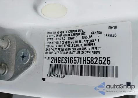 2001 Honda Civic Lx from USA, damaged, VIN 2HGES16571H582525